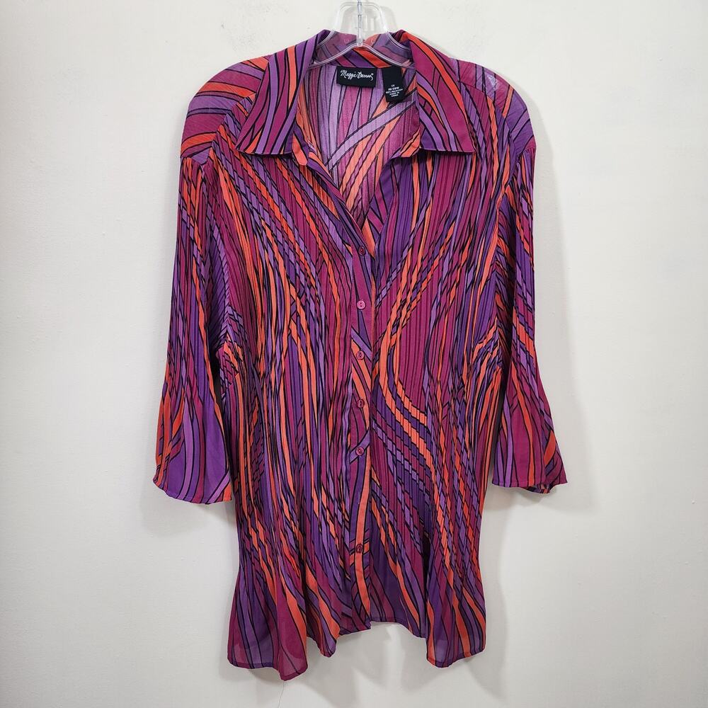 Maggie Barns colorful 3/4 sleeve button front accordion pleat stretch‎ shirt 1X